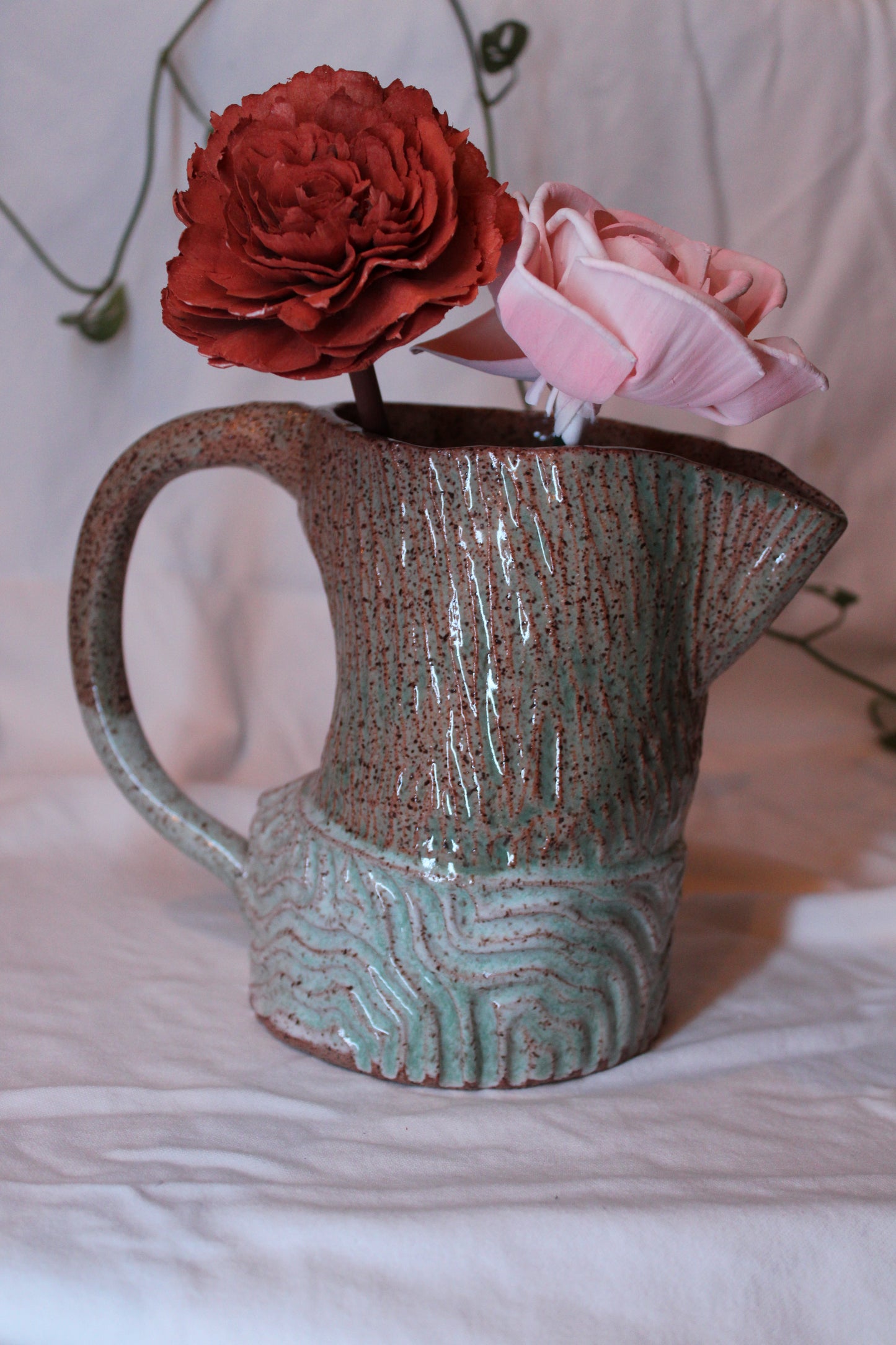 Hand Built, Carved Pitcher